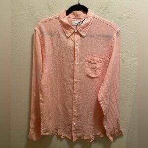 Onia Jay Linen Long Sleeve Button Down Stipe Shirt Size M In Tangerine/White NEW